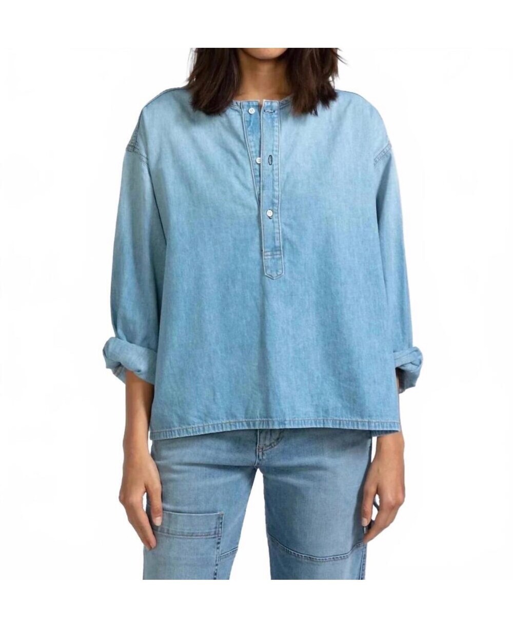 ASKK NY Denim Jackson Henley Top Long Sleeve Size 2 M Light Wash Cotton Linen - Picture 3 of 6